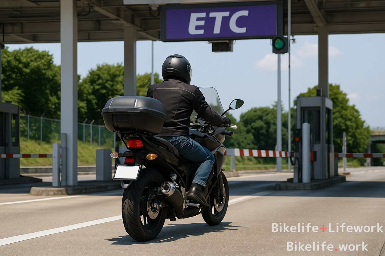 高速道路のETCレーンを抜けるツーリング中のバイク