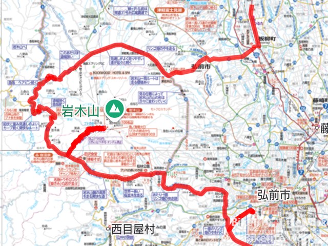 山田温泉から岩木山を経由して大鰐弘前ICまでの経路
