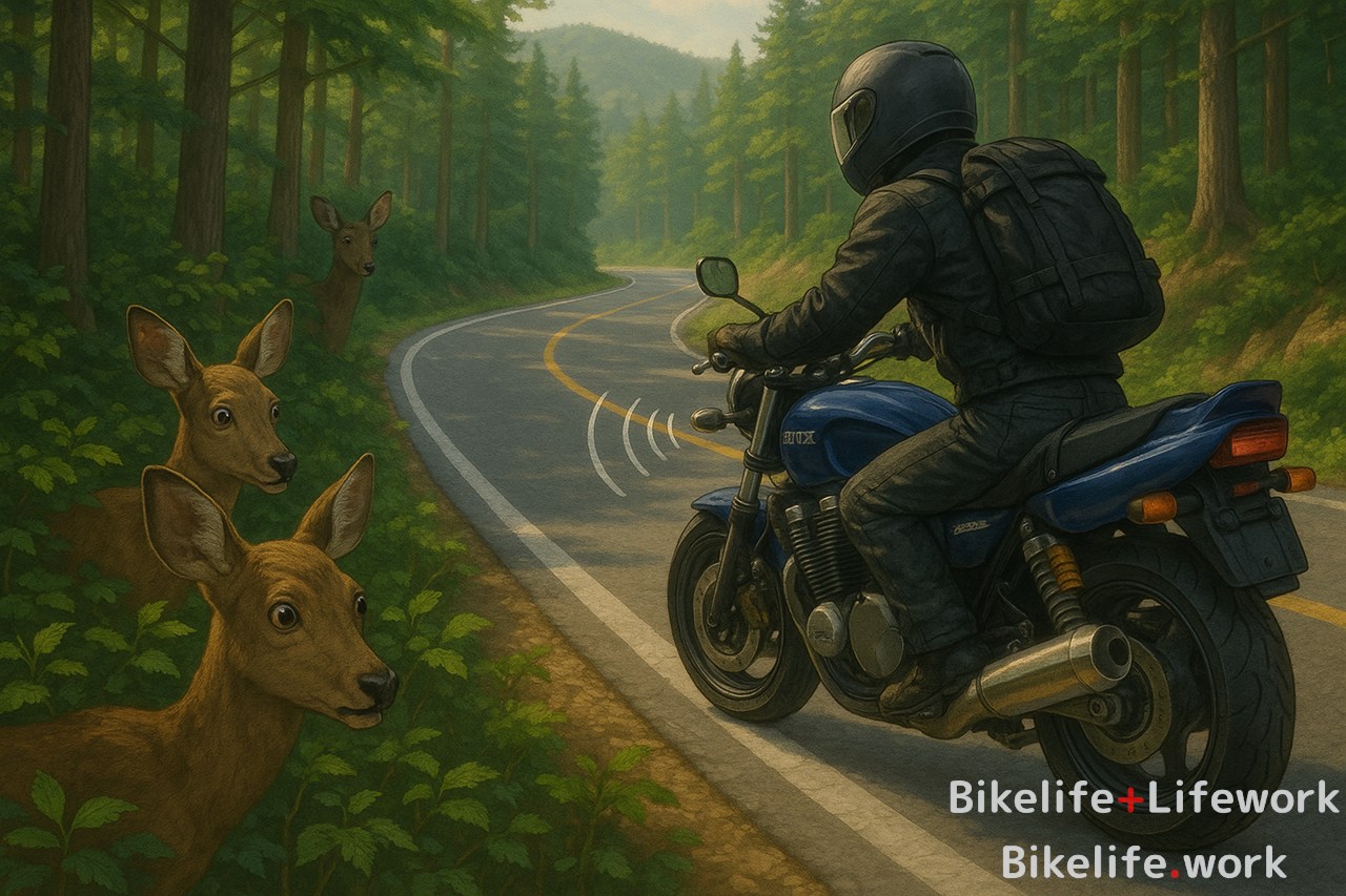 鹿笛をつけて山間部を走るツーリングライダー